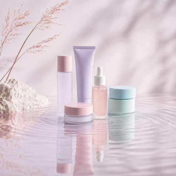 Différents contenants de produits de skincare